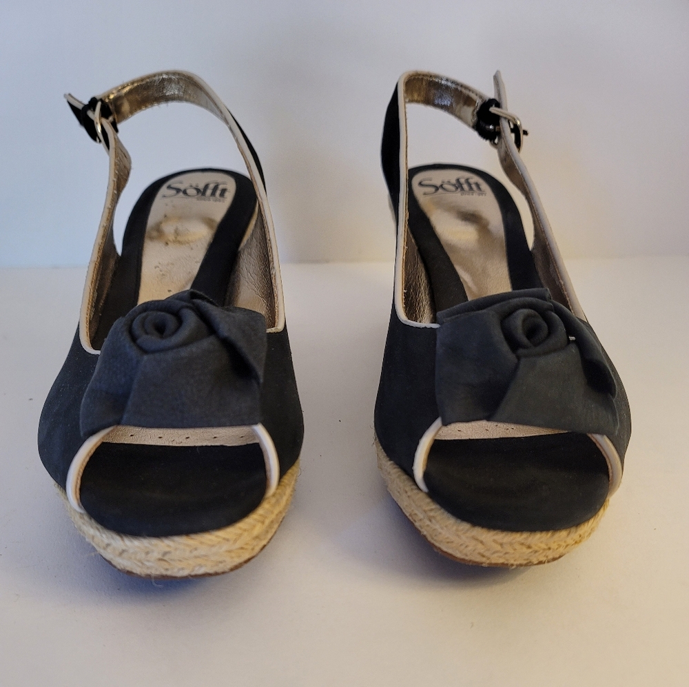 Sofft Espadrille Wedge Peep Toe Sandals Jute Heel Black Gold 8 - Picture 3 of 9